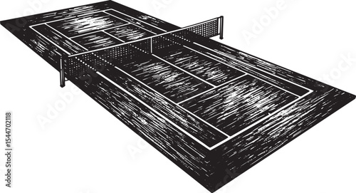 Illustration of a Tennis Court Perspective View in Black and Whi