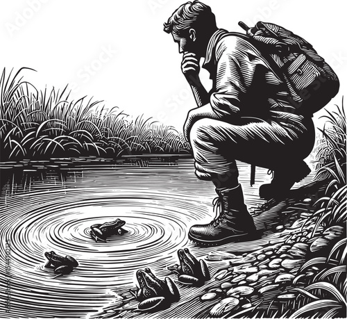 Pensive observer by the pond, captivated by frogs and pond rippl