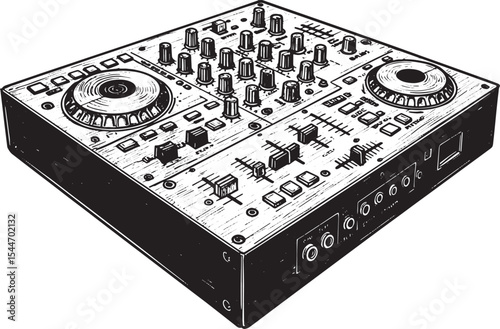 Detailed black and white illustration of a DJ mixer console, per