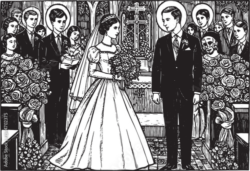 Black and white illustration of a wedding ceremony with a bride