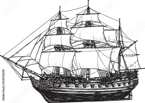 Detailed Black and White Illustration of a Historic Sailing Ship
