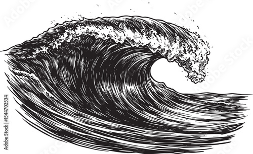 Detailed black and white illustration of a powerful ocean wave w