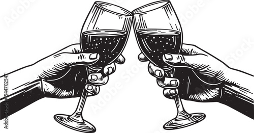 Two Hands Toasting with Wine Glasses in a Black and White Illust