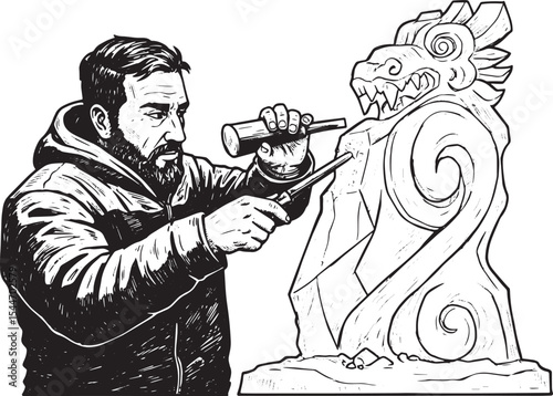 Artist carving a dragon statue, illustration of sculpture and cr