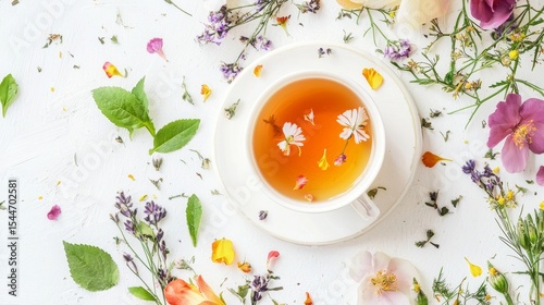 Top view of herbal tea with flowers and leaves on white background for health wellness concept