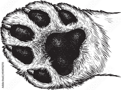 Detailed hand-drawn illustration of a dog's paw pad and claw det