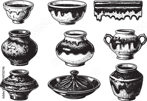 Collection of vintage ceramic pots and bowls in a monochrome etc