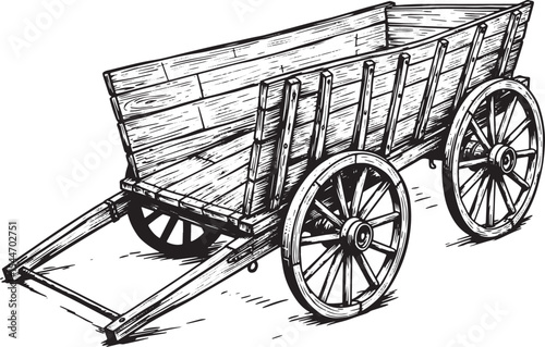 Detailed Illustration of a Rustic Wooden Cart with Spoked Wheels