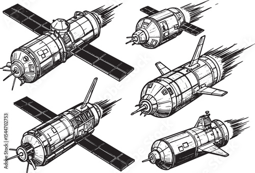Hand-drawn illustration of various space satellites, perfect for