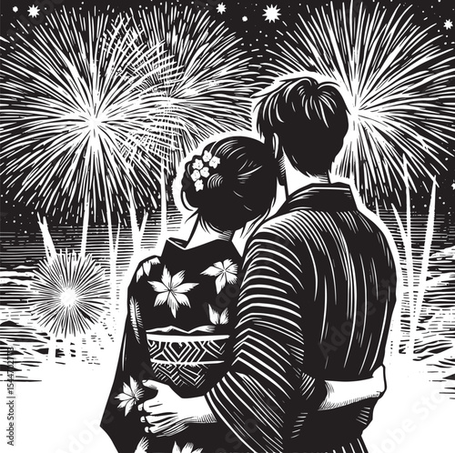 A romantic couple embraces while witnessing a spectacular firewo