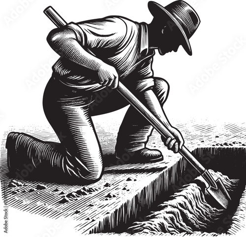 Vintage-inspired illustration of a worker digging with shovel, b