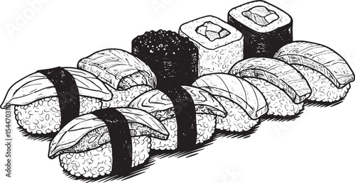 Detailed Black and White Illustration of a Delicious Sushi Assor