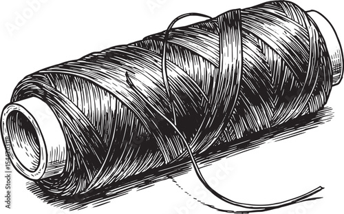 Detailed Illustration of a Spool of Thread in Black and White on