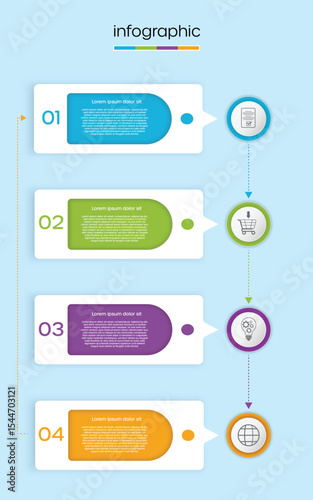 Vertical timeline infographic template with 4 steps and modern icons. Business process workflow diagram for strategic planning, project management, or website presentation. 