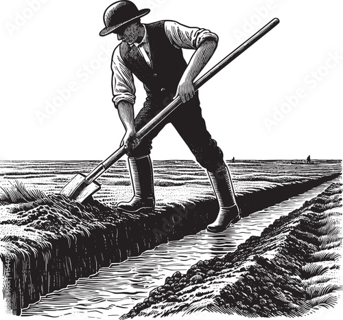Monochrome woodcut style depiction of a man digging drainage tre