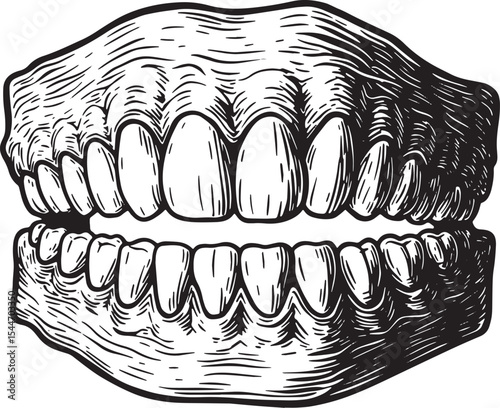 Detailed black and white illustration of human teeth and gums an