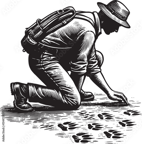 Man Crouched, Examining Animal Footprints: A Detailed Black and