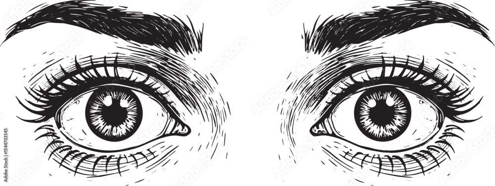 Obraz premium Detailed Black and White Illustration of Two Eyes with Intense F