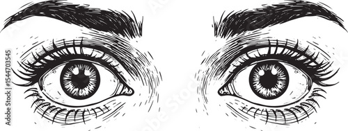 Detailed Black and White Illustration of Two Eyes with Intense F