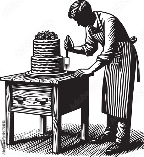 Dedicated confectioner perfecting a tiered cake with meticulous