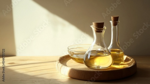 Glass bottles with golden oil on wood board in warm light for natural organic culinary ingredient photo