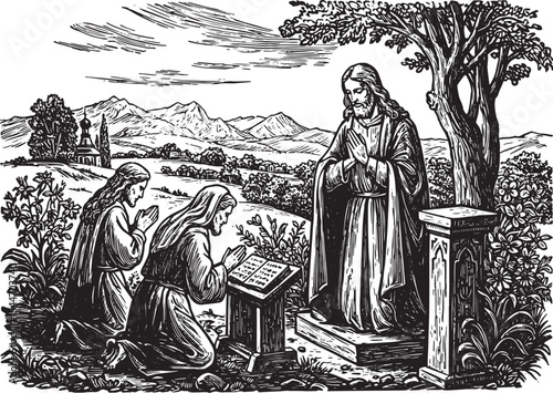 Engraving of Jesus Christ with disciples praying in a serene lan