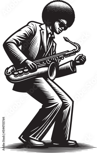 Monochrome rendering of a funk musician playing saxophone in cut