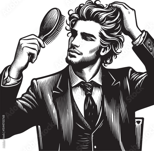 Stylized monochrome drawing of a man grooming his curly hair wit