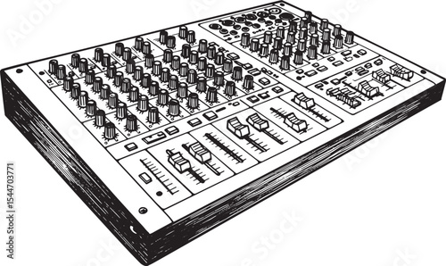 Detailed Black and White Illustration of a Sound Mixer Console E