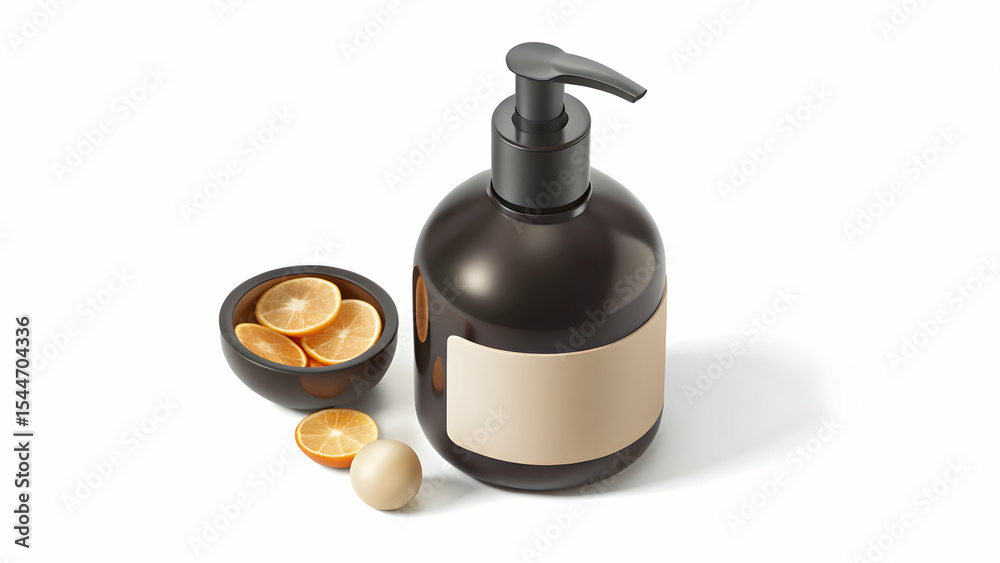 Obraz premium Glossy white shampoo bottle with peach label and dried orange slices