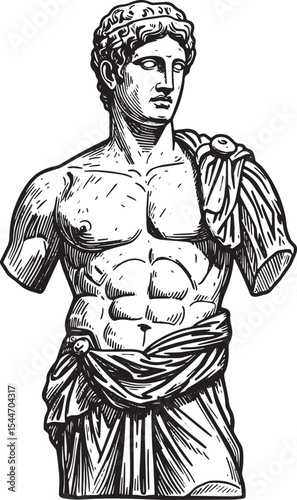 Detailed black and white illustration of an ancient greek statue