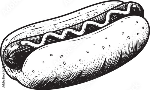 Hand-drawn illustration of a classic hot dog with mustard on a w