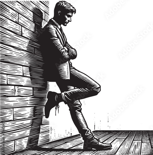 Contemplative man leaning against textured wall in woodcut monoc