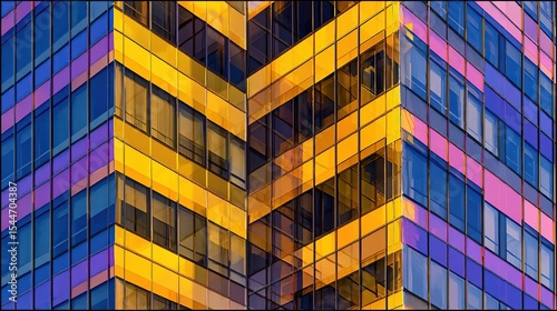 Close-up view of a modern skyscraper's facade, showcasing a vibrant interplay of yellow, purple, and blue glass panels.  Windows arranged in a grid pattern