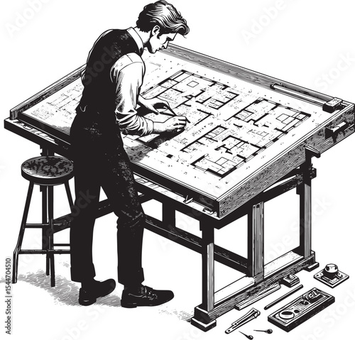 Architectural precision: A craftsman meticulously drafts buildin