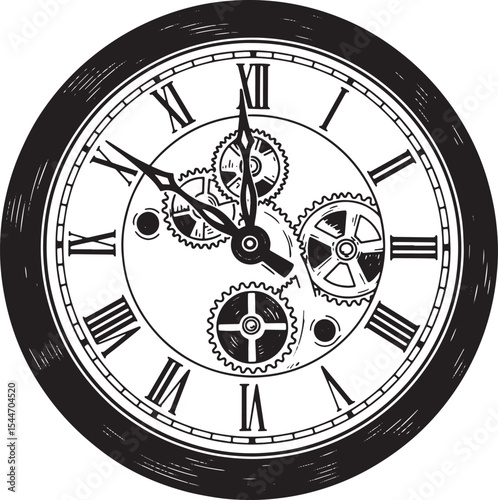 Vintage clock illustration showing time, gears, and roman numera