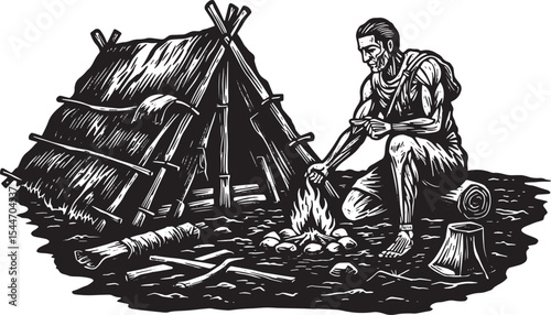 Man by campfire near a hut illustration in a black and white sty