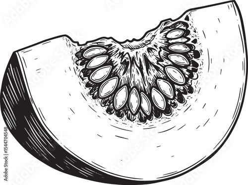 Ink drawing of a pumpkin slice showing seeds and pulp with black