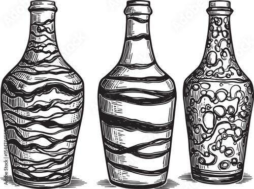 Detailed hand-drawn illustration of three decorative bottles wit