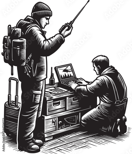 Emergency response team coordinating rescue operation using radi