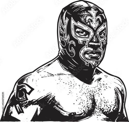 Illustration of a Luchador Wrestler in a Mask: A Black and White