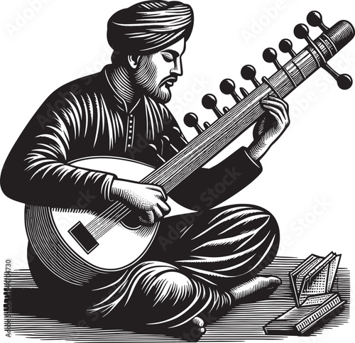 Monochrome woodcut illustration of a musician playing a sarod in
