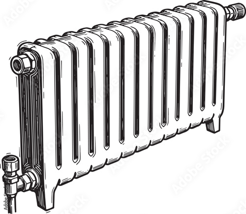 Detailed black and white illustration of a classic radiator for