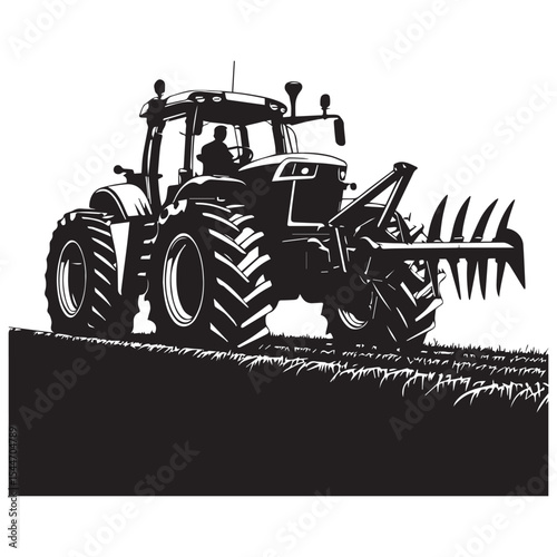 Black and white illustration of a tractor plowing a field