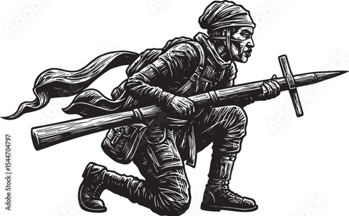 Intense Black and White Illustration of a Kneeling Warrior with
