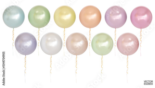 Set of realistic vector colorful balloons isolated on white background. Helium balloons clipart for anniversary, birthday, wedding, party. 3D vector illustration.