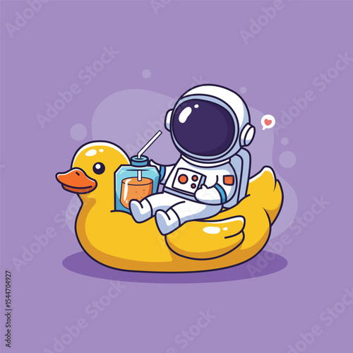 Cute astronaut relaxing on a duck float with juice