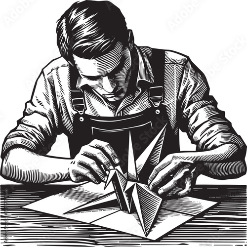 Focused craftsman meticulously creates an origami crane in detai