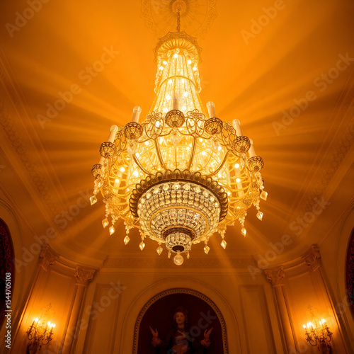 Lamp chandelier, cream brick vault, arch, rib wall, column and clerestory element on the ceiling of expressionist protestant church