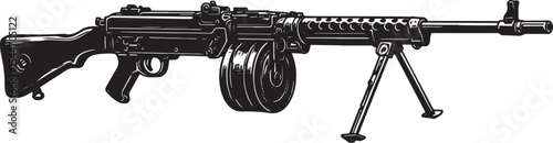 Detailed black and white illustration of a vintage machine gun o